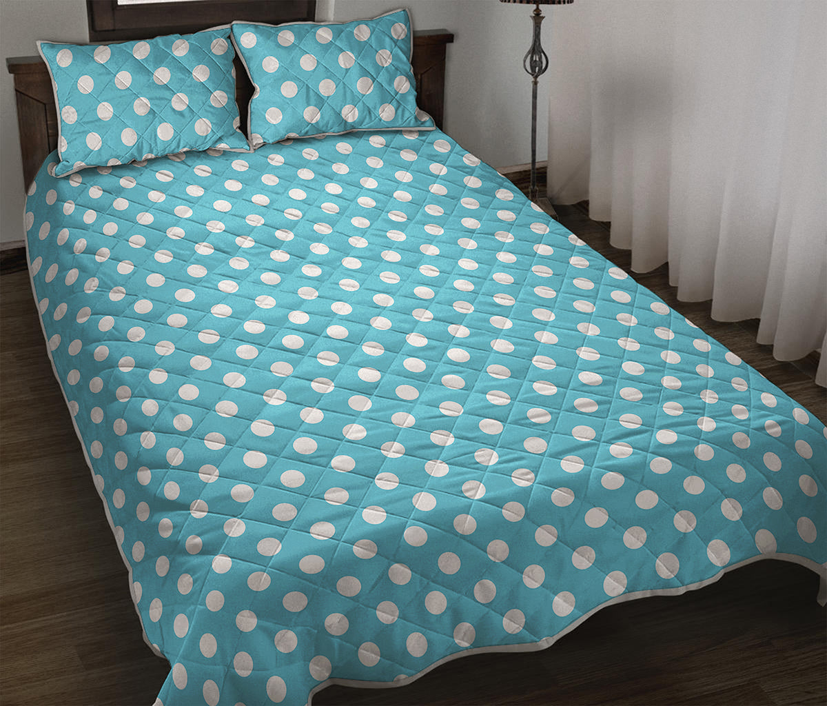 Cyan And White Polka Dot Pattern Print Quilt Bed Set
