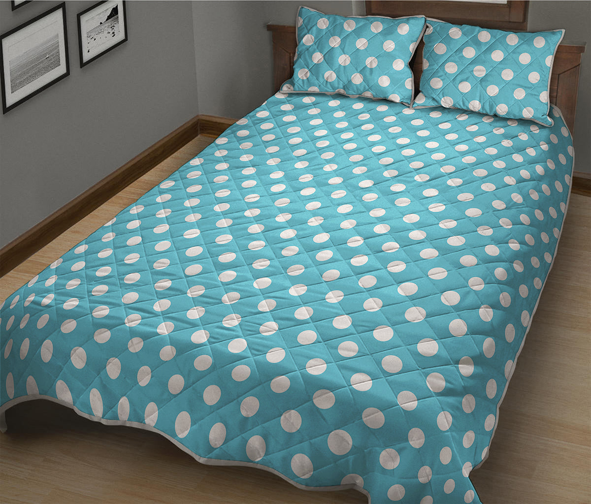 Cyan And White Polka Dot Pattern Print Quilt Bed Set
