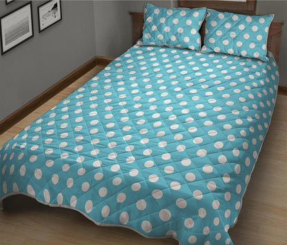 Cyan And White Polka Dot Pattern Print Quilt Bed Set