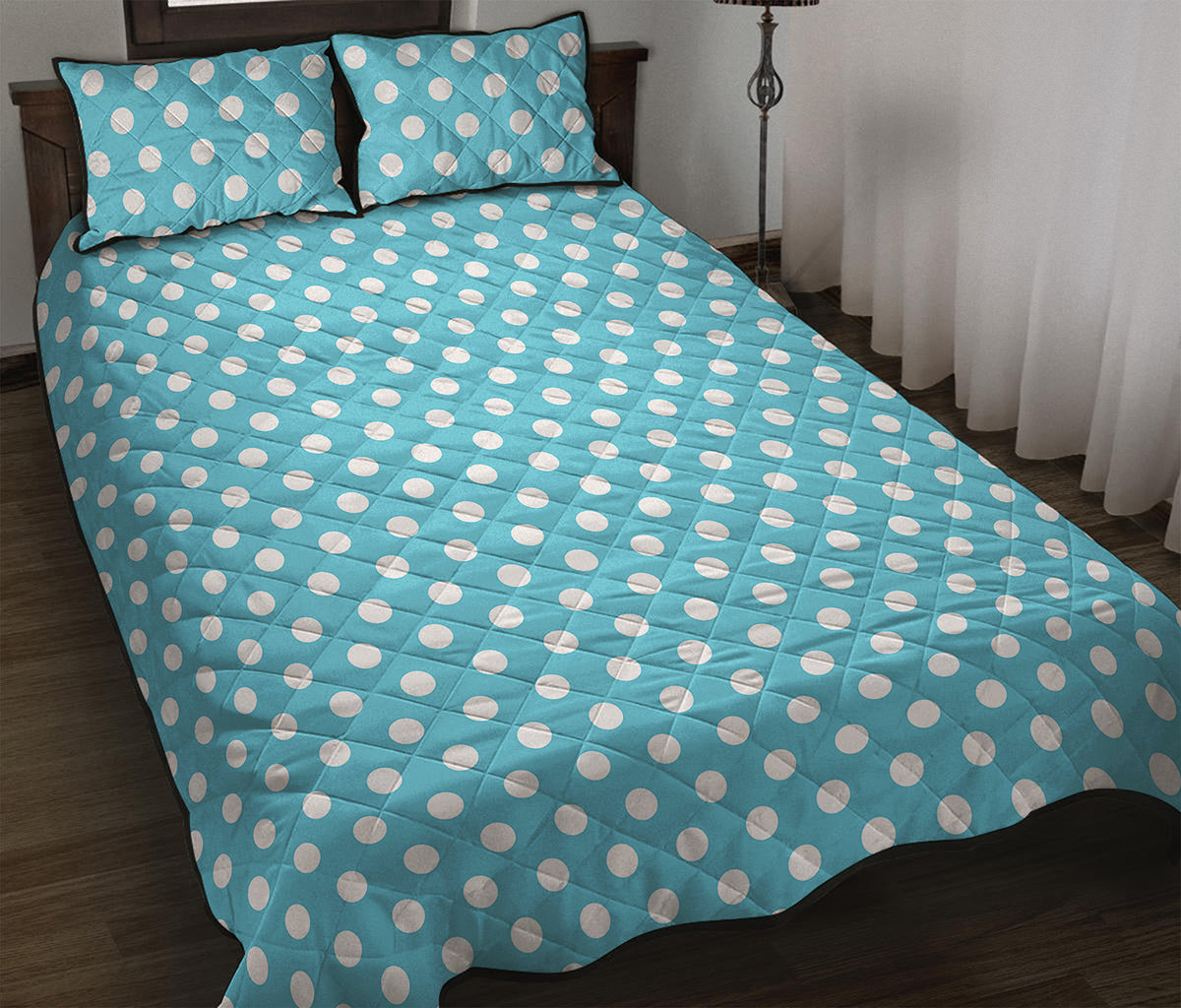 Cyan And White Polka Dot Pattern Print Quilt Bed Set