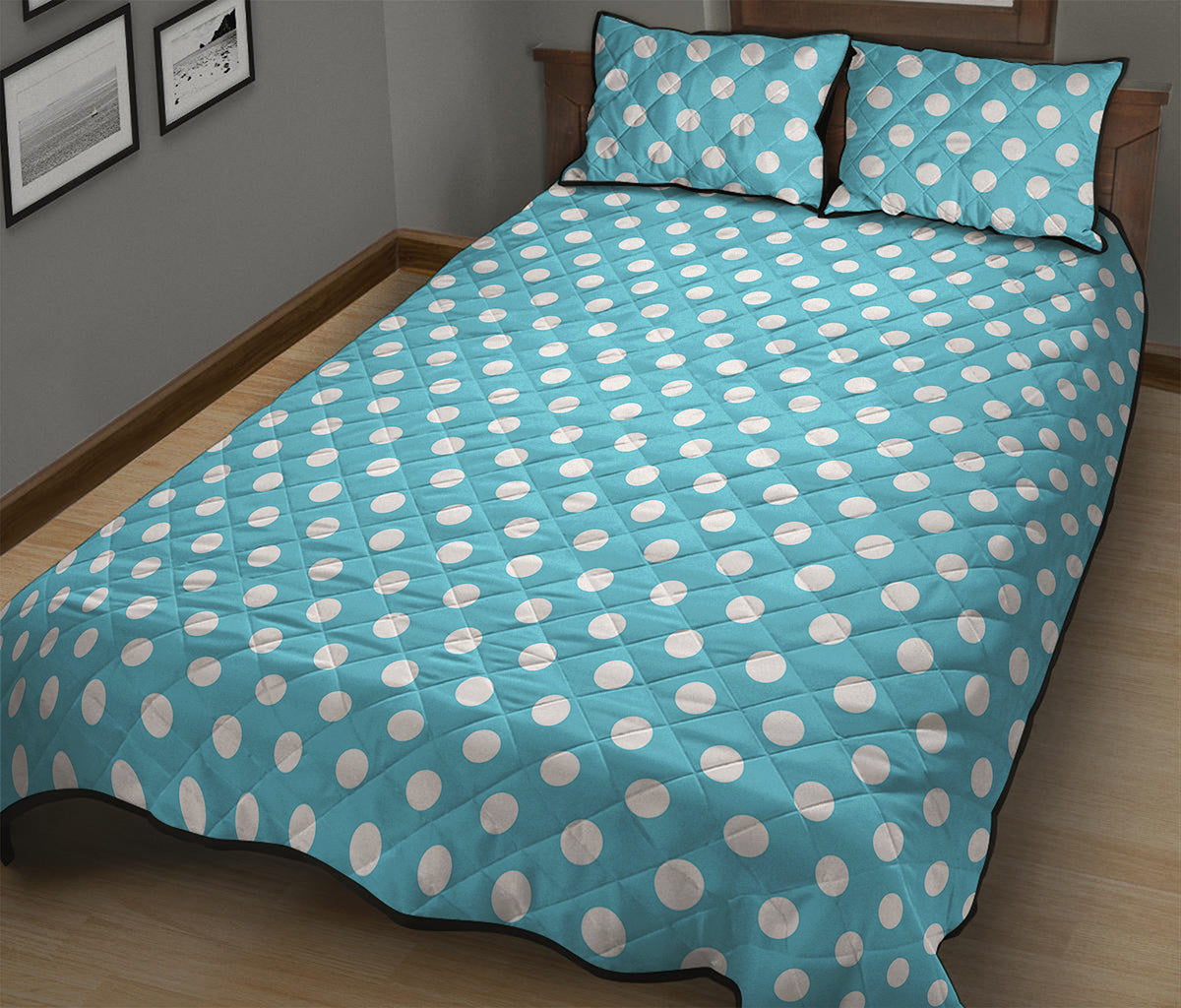 Cyan And White Polka Dot Pattern Print Quilt Bed Set