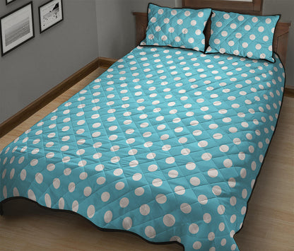 Cyan And White Polka Dot Pattern Print Quilt Bed Set