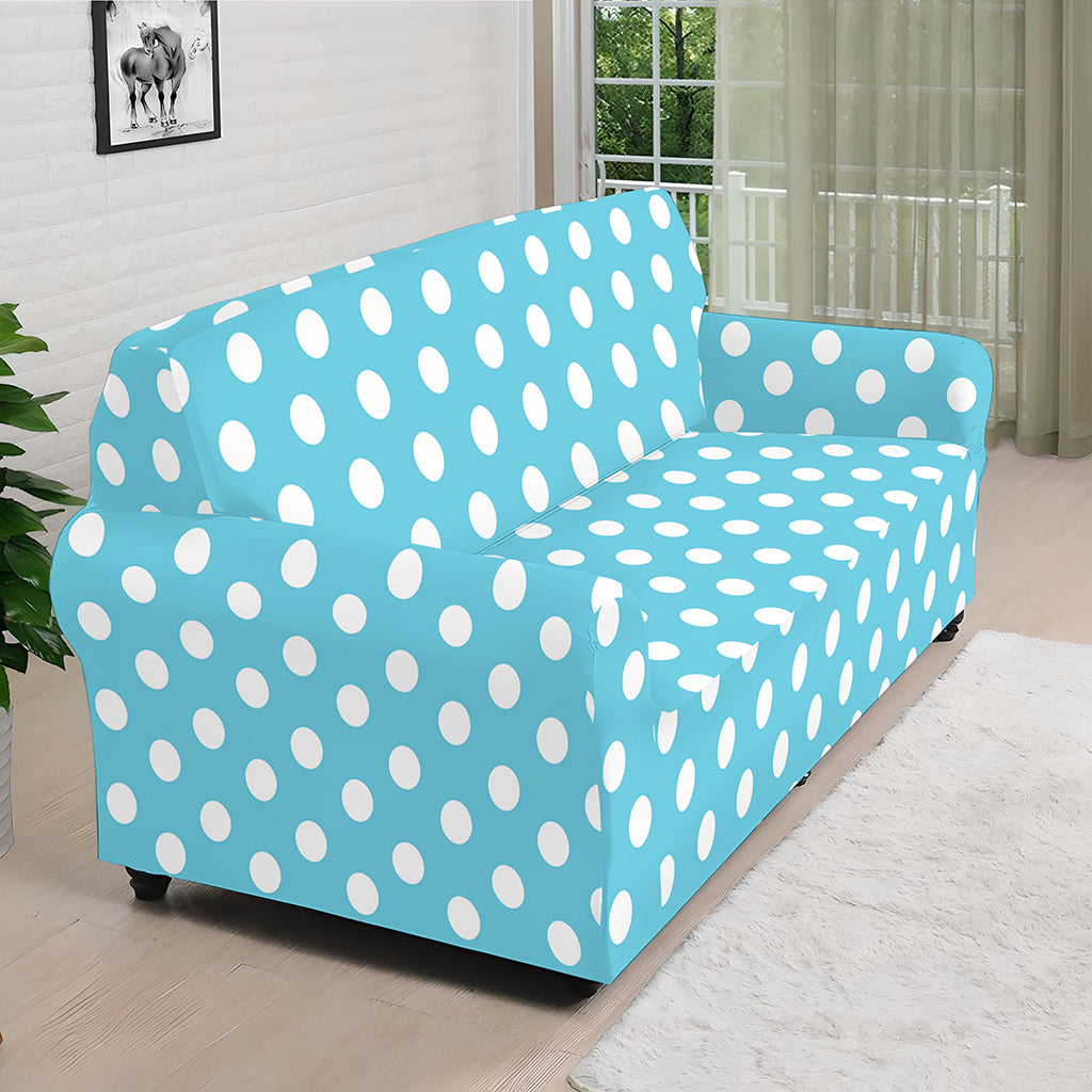 Cyan And White Polka Dot Pattern Print Sofa Cover