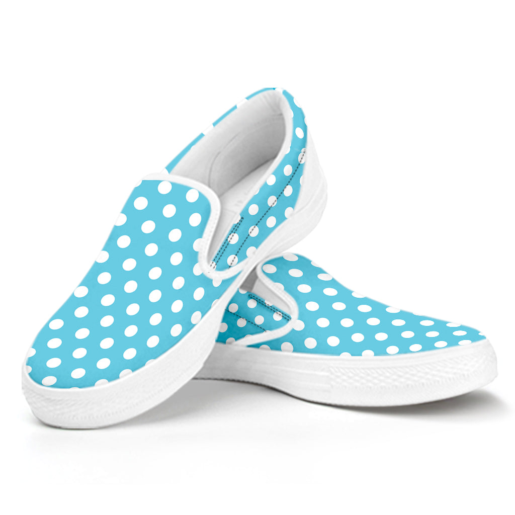 Cyan And White Polka Dot Pattern Print White Slip On Shoes
