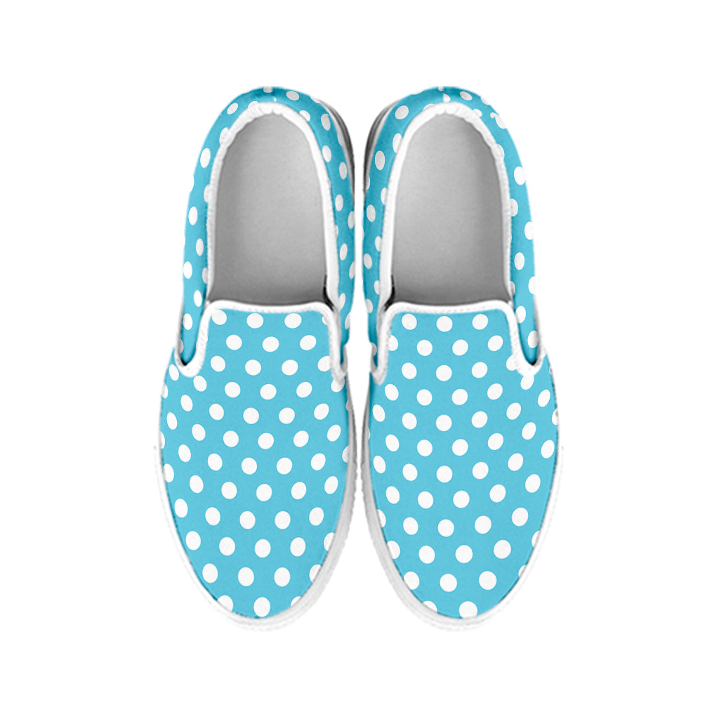 Cyan And White Polka Dot Pattern Print White Slip On Shoes