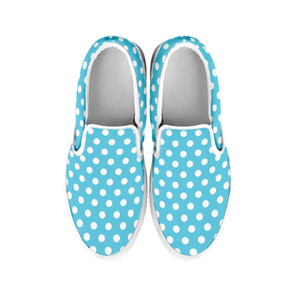 Cyan And White Polka Dot Pattern Print White Slip On Shoes
