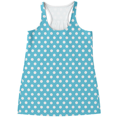 Cyan And White Polka Dot Pattern Print Women's Racerback Tank Top