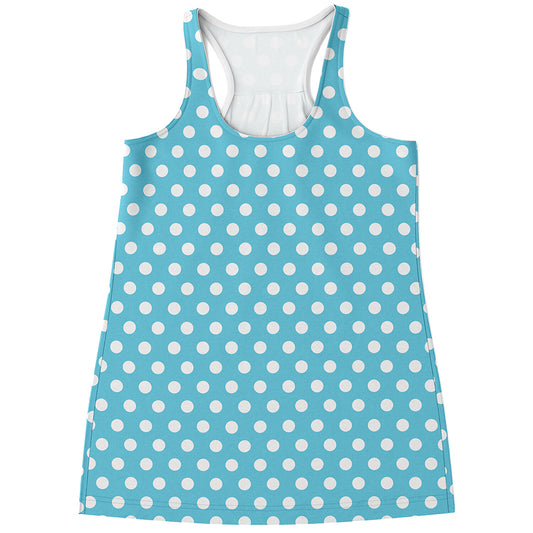 Cyan And White Polka Dot Pattern Print Women's Racerback Tank Top