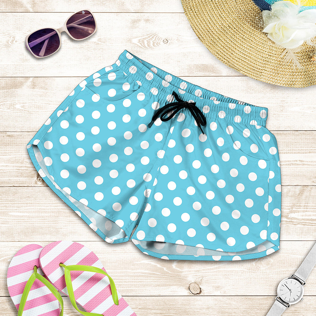 Cyan And White Polka Dot Pattern Print Women's Shorts