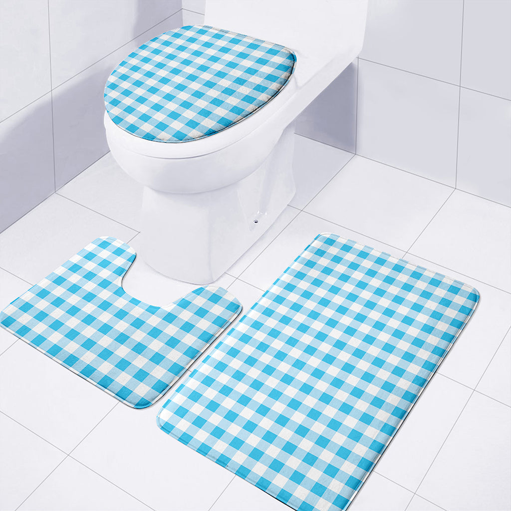 Cyan Blue And White Gingham Print 3 Piece Bath Mat Set