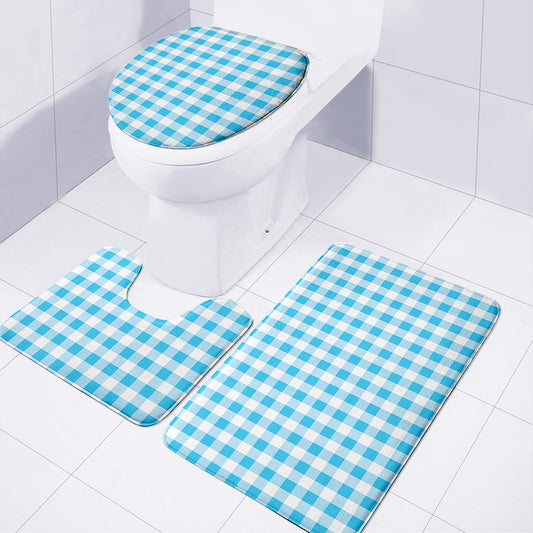 Cyan Blue And White Gingham Print 3 Piece Bath Mat Set