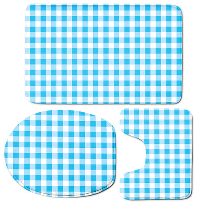 Cyan Blue And White Gingham Print 3 Piece Bath Mat Set
