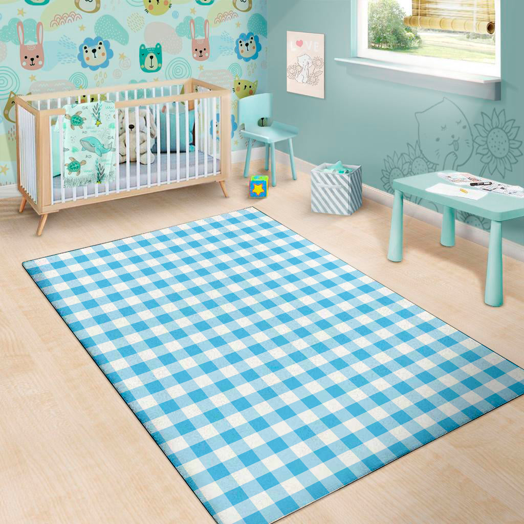 Cyan Blue And White Gingham Print Area Rug