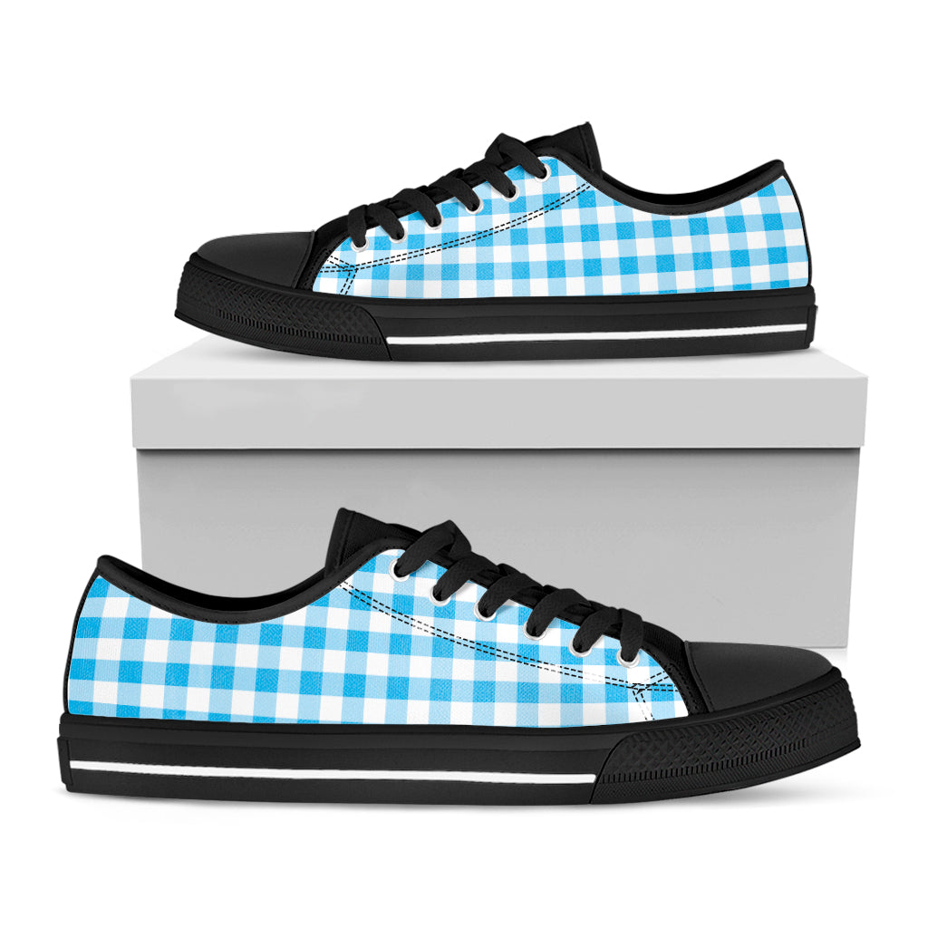 Cyan Blue And White Gingham Print Black Low Top Shoes