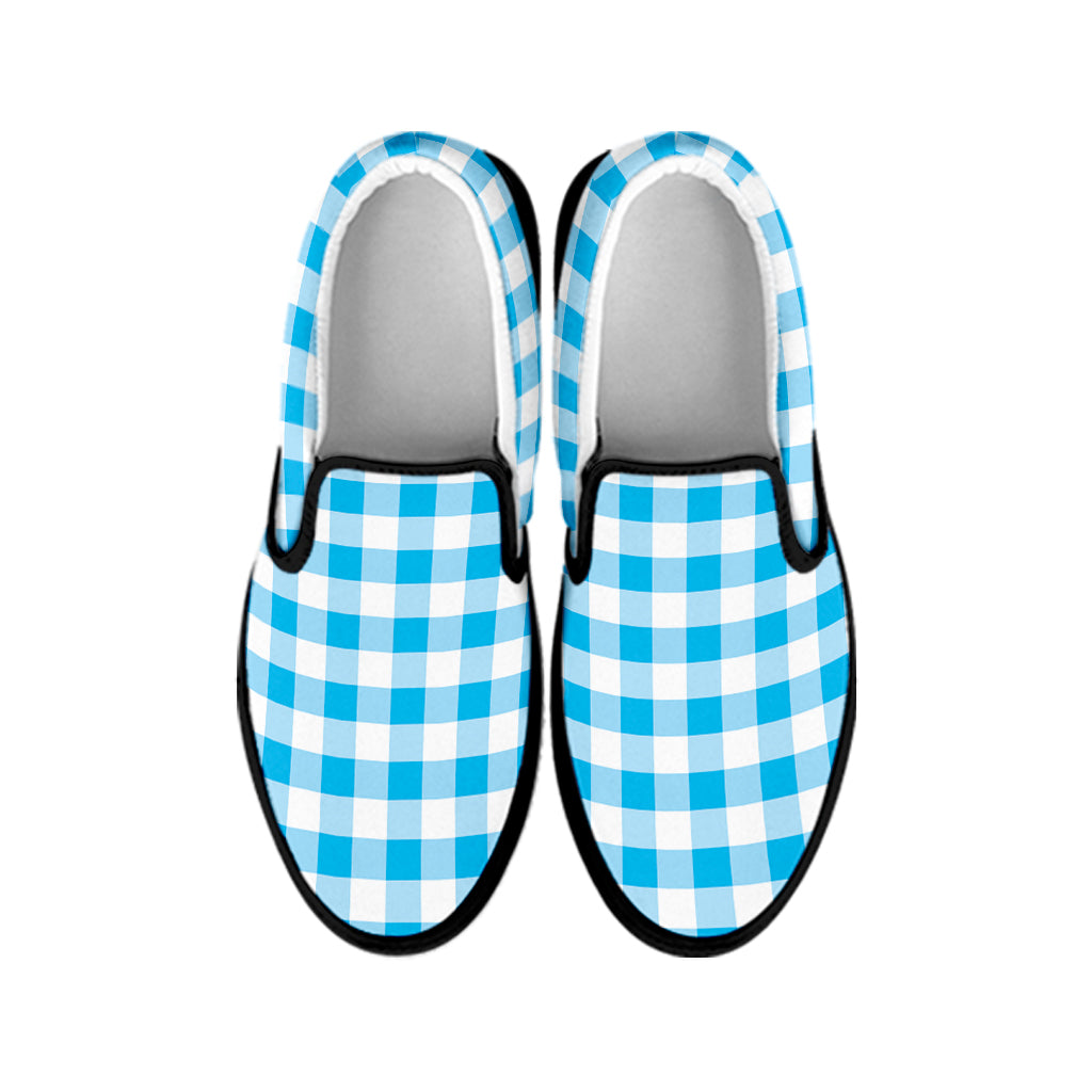 Cyan Blue And White Gingham Print Black Slip On Shoes