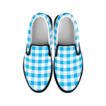 Cyan Blue And White Gingham Print Black Slip On Shoes