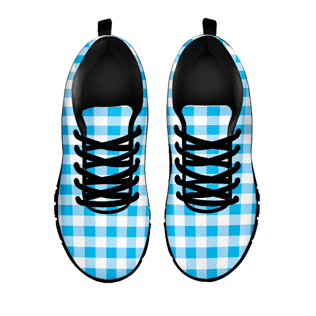 Cyan Blue And White Gingham Print Black Sneakers