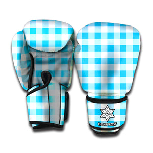 Cyan Blue And White Gingham Print Boxing Gloves