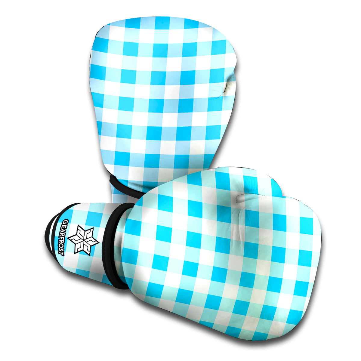 Cyan Blue And White Gingham Print Boxing Gloves