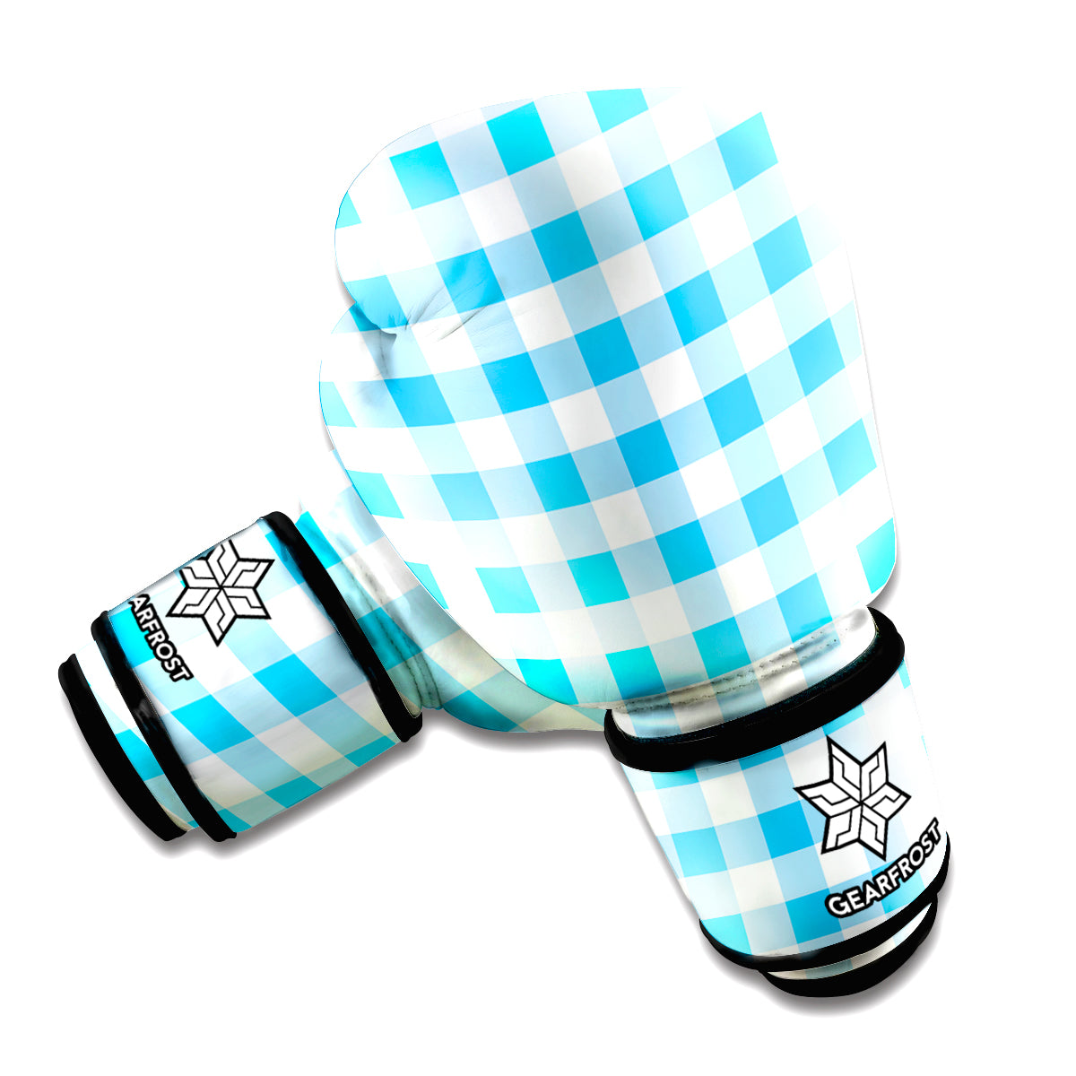 Cyan Blue And White Gingham Print Boxing Gloves