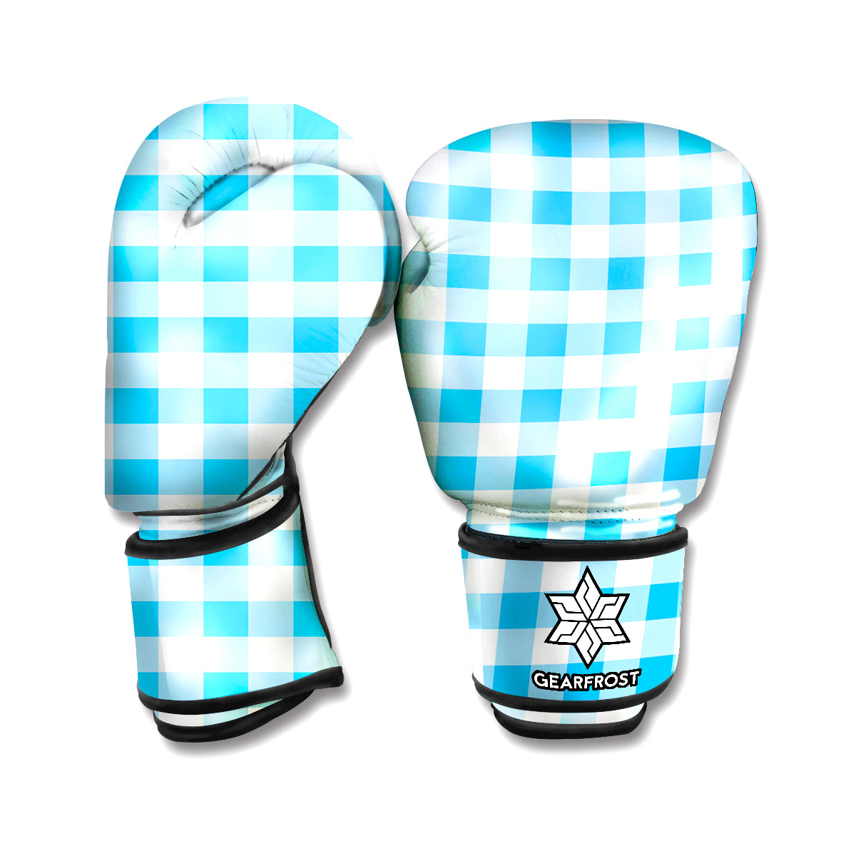 Cyan Blue And White Gingham Print Boxing Gloves