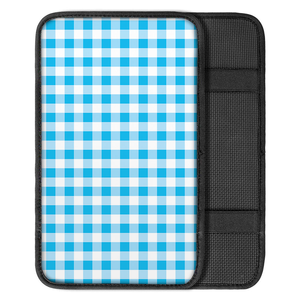 Cyan Blue And White Gingham Print Car Center Console Cover