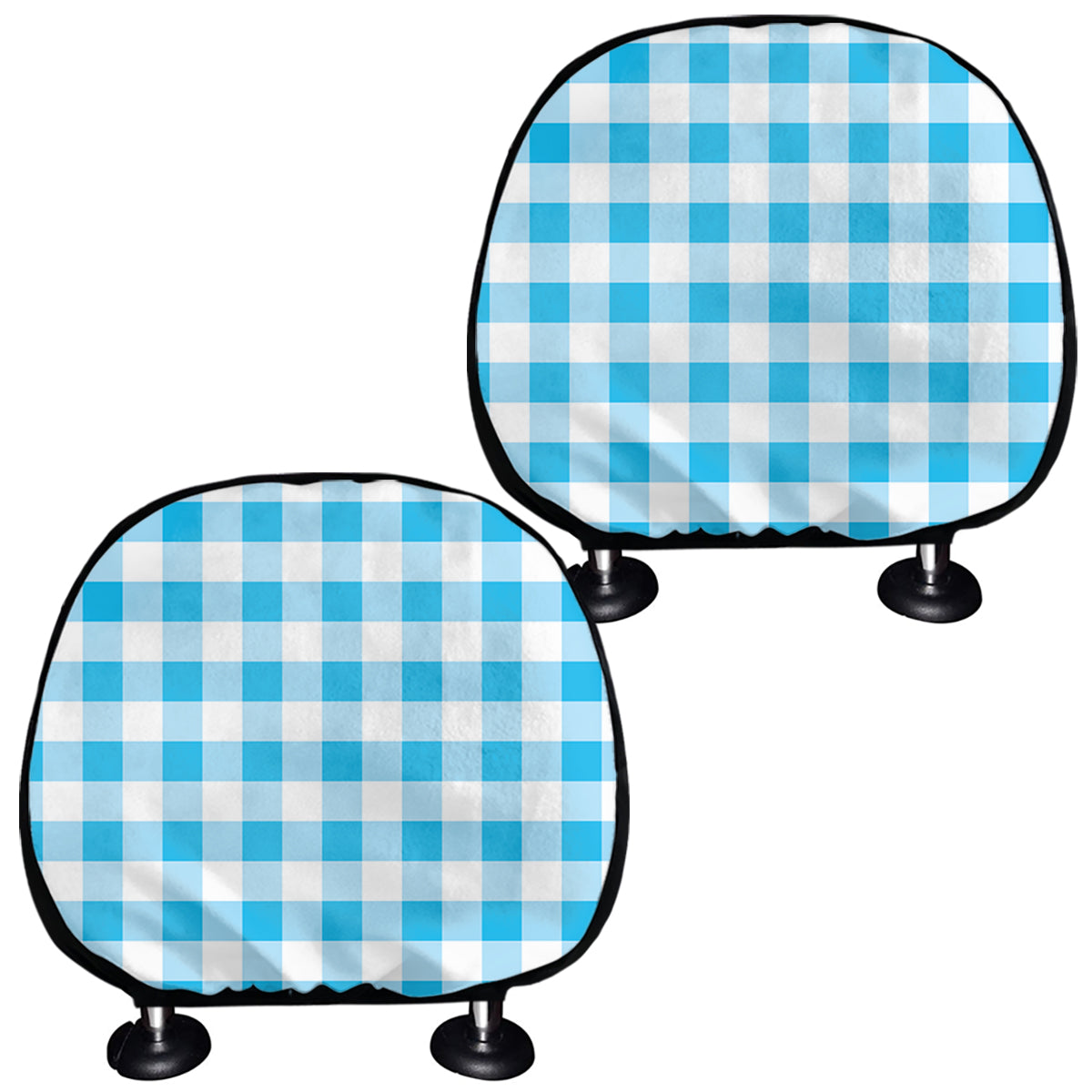 Cyan Blue And White Gingham Print Car Headrest Covers