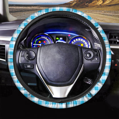 Cyan Blue And White Gingham Print Car Steering Wheel Cover