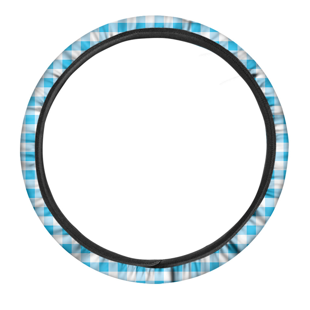 Cyan Blue And White Gingham Print Car Steering Wheel Cover