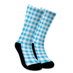 Cyan Blue And White Gingham Print Crew Socks