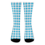 Cyan Blue And White Gingham Print Crew Socks