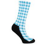 Cyan Blue And White Gingham Print Crew Socks