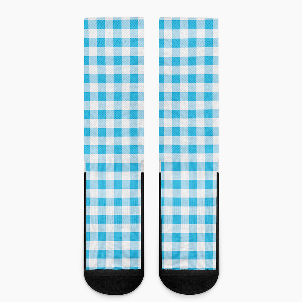 Cyan Blue And White Gingham Print Crew Socks