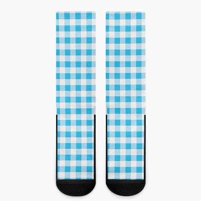 Cyan Blue And White Gingham Print Crew Socks