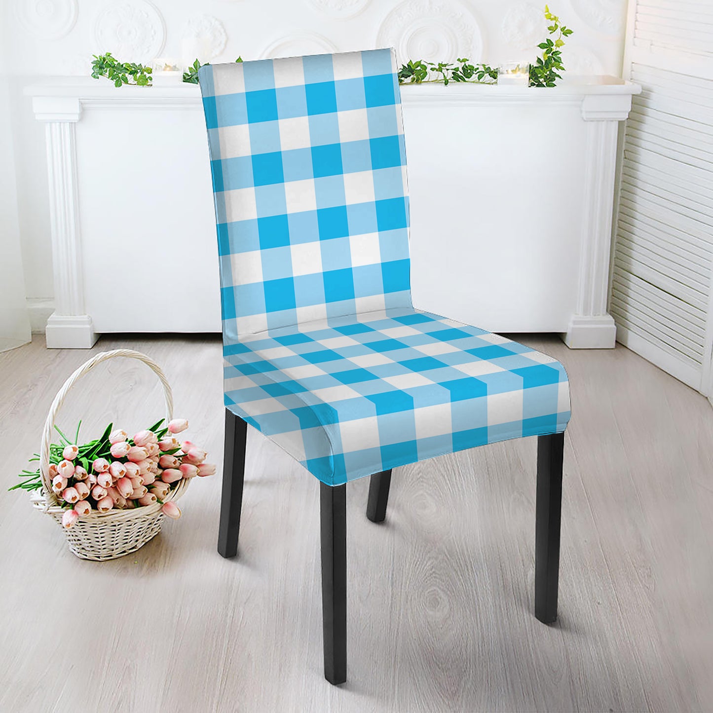 Cyan Blue And White Gingham Print Dining Chair Slipcover