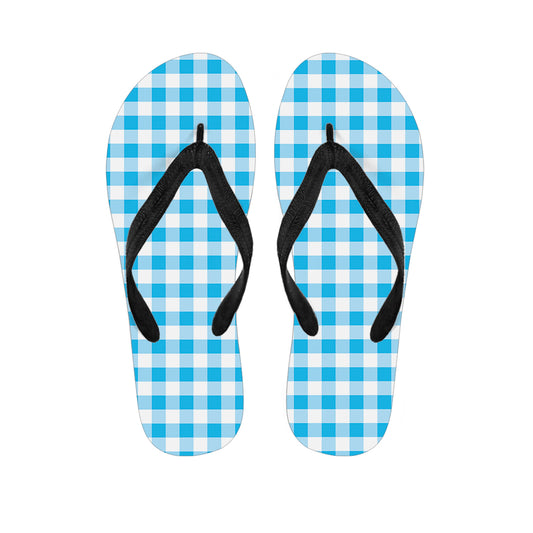 Cyan Blue And White Gingham Print Flip Flops