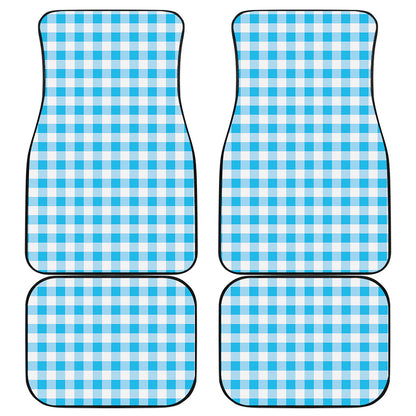 Cyan Blue And White Gingham Print Front and Back Car Floor Mats