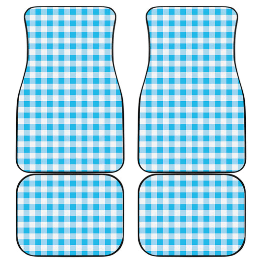 Cyan Blue And White Gingham Print Front and Back Car Floor Mats
