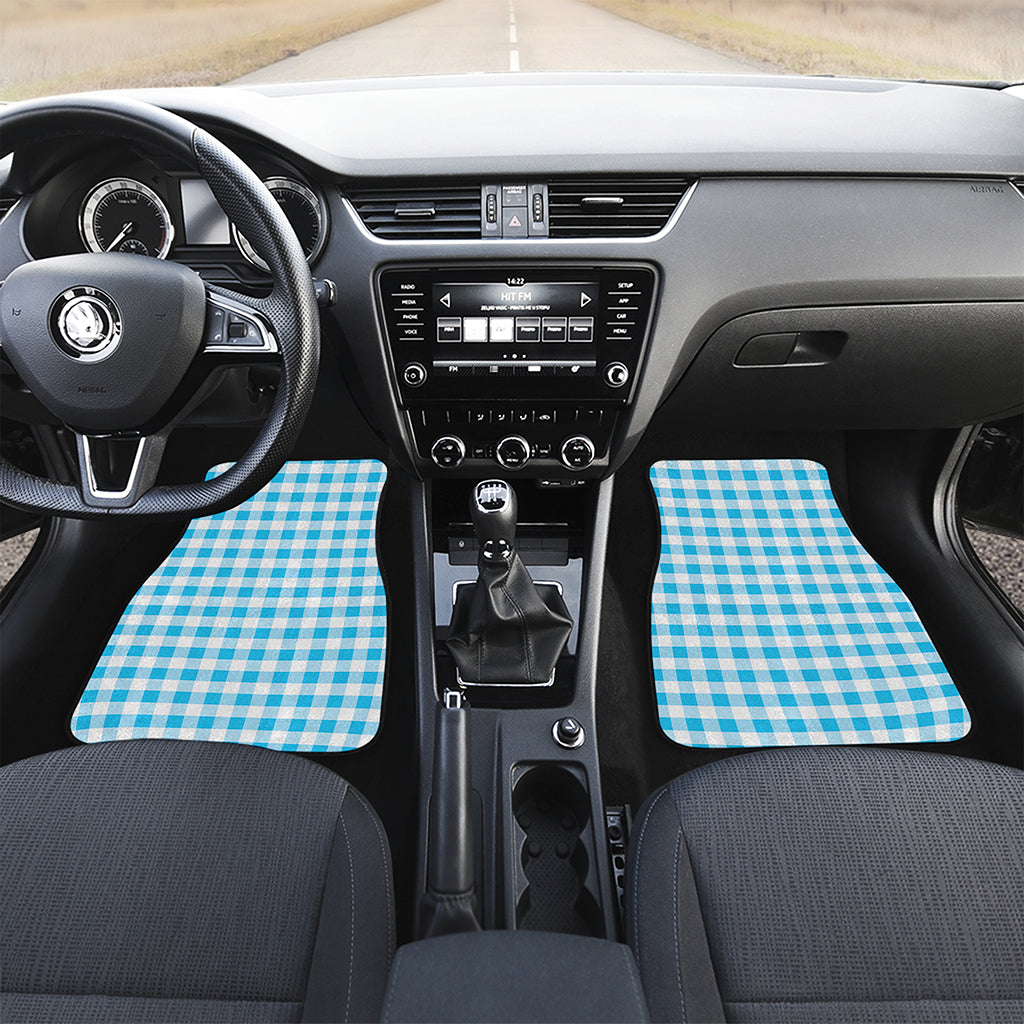 Cyan Blue And White Gingham Print Front and Back Car Floor Mats