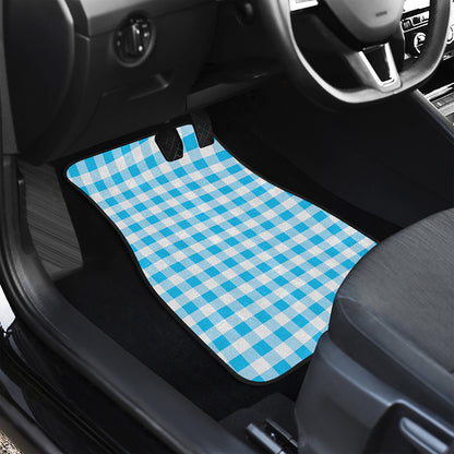 Cyan Blue And White Gingham Print Front and Back Car Floor Mats