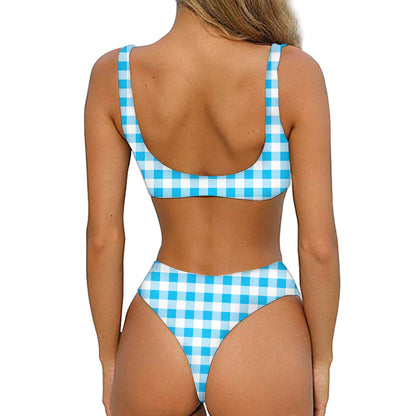 Cyan Blue And White Gingham Print Front Bow Tie Bikini