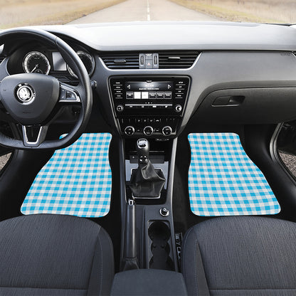 Cyan Blue And White Gingham Print Front Car Floor Mats