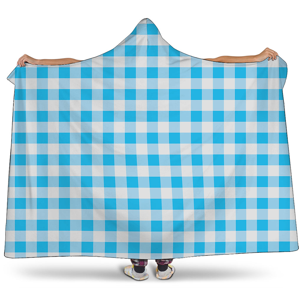 Cyan Blue And White Gingham Print Hooded Blanket