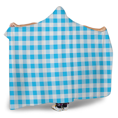 Cyan Blue And White Gingham Print Hooded Blanket