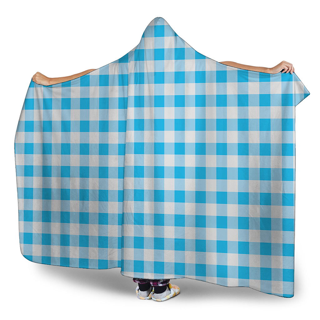 Cyan Blue And White Gingham Print Hooded Blanket