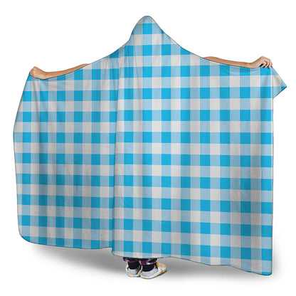 Cyan Blue And White Gingham Print Hooded Blanket