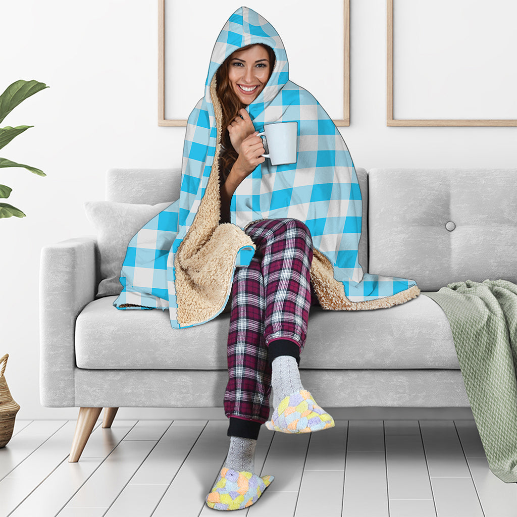 Cyan Blue And White Gingham Print Hooded Blanket
