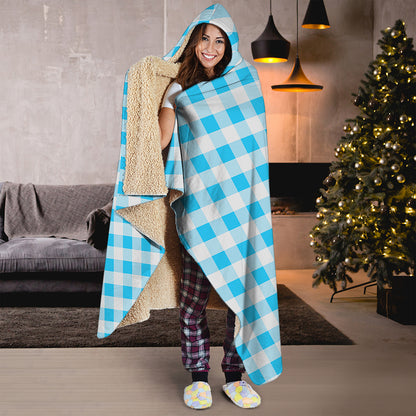 Cyan Blue And White Gingham Print Hooded Blanket