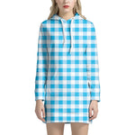 Cyan Blue And White Gingham Print Hoodie Dress