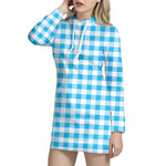 Cyan Blue And White Gingham Print Hoodie Dress